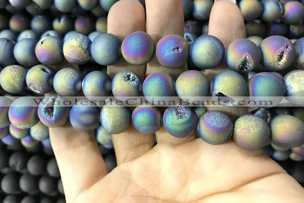 CAA1359 15.5 inches 14mm round matte plated druzy agate beads
