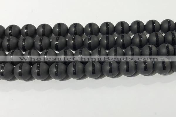 CAA3652 15.5 inches 10mm round matte & carved black agate beads
