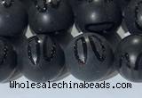 CAA3662 15.5 inches 10mm round matte & carved black agate beads