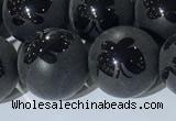 CAA3668 15.5 inches 12mm round matte & carved black agate beads