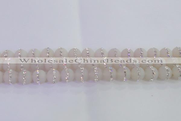 CAG8831 15.5 inches 8mm round matte agate with rhinestone beads