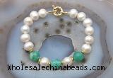 CFB1033 Hand-knotted 9mm - 10mm potato white freshwater pearl & peafowl agate bracelet