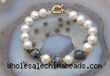 CFB1058 Hand-knotted 9mm - 10mm potato white freshwater pearl & snowflake obsidian bracelet