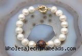 CFB1059 Hand-knotted 9mm - 10mm potato white freshwater pearl & mahogany obsidian bracelet