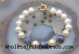 CFB1063 Hand-knotted 9mm - 10mm potato white freshwater pearl & blue spot stone bracelet
