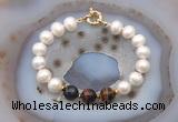 CFB1073 Hand-knotted 9mm - 10mm potato white freshwater pearl & mixed tiger eye bracelet