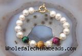 CFB1074 Hand-knotted 9mm - 10mm potato white freshwater pearl & colorful tiger eye bracelet