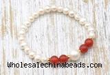 CFB608 6-7mm potato white freshwater pearl & red agate stretchy bracelet