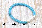 CFB704 faceted rondelle turquoise & potato white freshwater pearl stretchy bracelet
