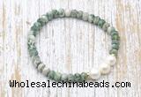 CFB716 faceted rondelle Qinghai jade & potato white freshwater pearl stretchy bracelet
