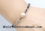 CFB811 4mm faceted round black rutilated quartz & potato white freshwater pearl bracelet