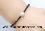 CFB825 4mm faceted round black tourmaline & potato white freshwater pearl bracelet