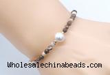 CFB839 4mm faceted round brown zebra jasper & potato white freshwater pearl bracelet