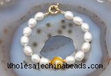 CFB919 Hand-knotted 9mm - 10mm rice white freshwater pearl & yellow banded agate bracelet
