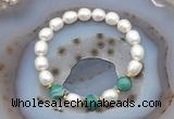CFB922 9mm - 10mm rice white freshwater pearl & green banded agate stretchy bracelet