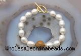 CFB951 Hand-knotted 9mm - 10mm rice white freshwater pearl & wooden jasper bracelet