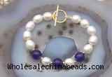 CFB988 Hand-knotted 9mm - 10mm rice white freshwater pearl & candy jade bracelet