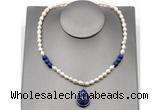 CFN154 baroque white freshwater pearl & lapis lazuli necklace with pendant