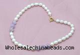 CFN303 Rice white freshwater pearl & lavender amethyst necklace, 16 - 24 inches