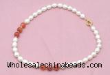 CFN311 9 - 10mm rice white freshwater pearl & fire agate necklace wholesale
