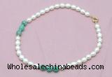 CFN312 9 - 10mm rice white freshwater pearl & peafowl agate necklace wholesale