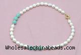 CFN314 9 - 10mm rice white freshwater pearl & amazonite necklace wholesale