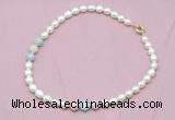 CFN318 9 - 10mm rice white freshwater pearl & morganite necklace wholesale