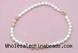 CFN324 9 - 10mm rice white freshwater pearl & pink opal necklace wholesale