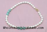CFN325 9 - 10mm rice white freshwater pearl & amazonite necklace wholesale