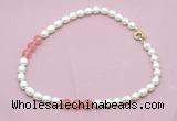 CFN334 9 - 10mm rice white freshwater pearl & cherry quartz necklace wholesale