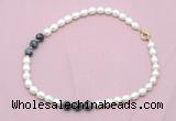 CFN339 9 - 10mm rice white freshwater pearl & snowflake obsidian necklace wholesale