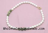 CFN348 9 - 10mm rice white freshwater pearl & China jade necklace wholesale