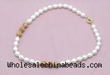 CFN355 9 - 10mm rice white freshwater pearl & picture jasper necklace wholesale