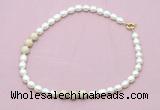 CFN359 9 - 10mm rice white freshwater pearl & white fossil jasper necklace wholesale