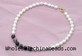 CFN408 9-10mm rice white freshwater pearl & black banded agate necklace