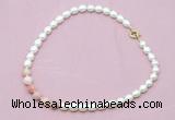 CFN417 9 - 10mm rice white freshwater pearl & pink opal necklace