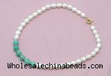 CFN423 9 - 10mm rice white freshwater pearl & peafowl agate necklace wholesale