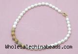 CFN425 9 - 10mm rice white freshwater pearl & yellow crazy lace agate necklace