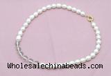 CFN431 9 - 10mm rice white freshwater pearl & white crystal necklace