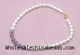 CFN432 9 - 10mm rice white freshwater pearl & amethyst gemstone necklace