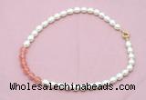 CFN434 9 - 10mm rice white freshwater pearl & cherry quartz necklace