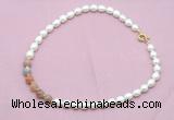 CFN437 9 - 10mm rice white freshwater pearl & rainbow moonstone necklace