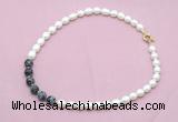CFN439 9 - 10mm rice white freshwater pearl & snowflake obsidian necklace