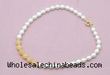 CFN442 9 - 10mm rice white freshwater pearl & honey jade necklace