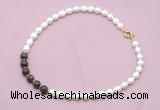 CFN446 9 - 10mm rice white freshwater pearl & bronzite gemstone necklace