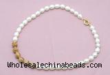 CFN455 9 - 10mm rice white freshwater pearl & picture jasper necklace