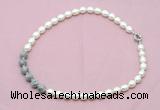 CFN458 9 - 10mm rice white freshwater pearl & grey picture jasper necklace