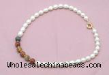 CFN460 9 - 10mm rice white freshwater pearl & picasso jasper necklace