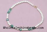 CFN524 9mm - 10mm potato white freshwater pearl & green banded agate necklace