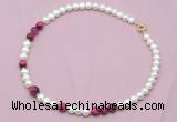 CFN527 9mm - 10mm potato white freshwater pearl & red tiger eye necklace